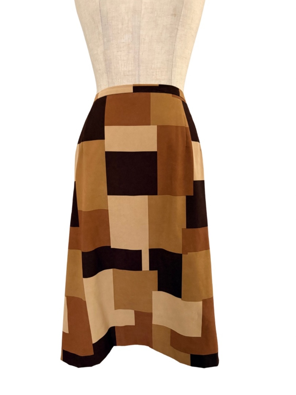 VTG 90s Y2k Brown Patchwork Geometric Midi Straight Skirt Brown Tan 16